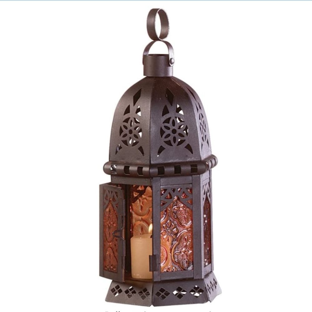 Mystical Metal Amber Glass Candleholder Lantern